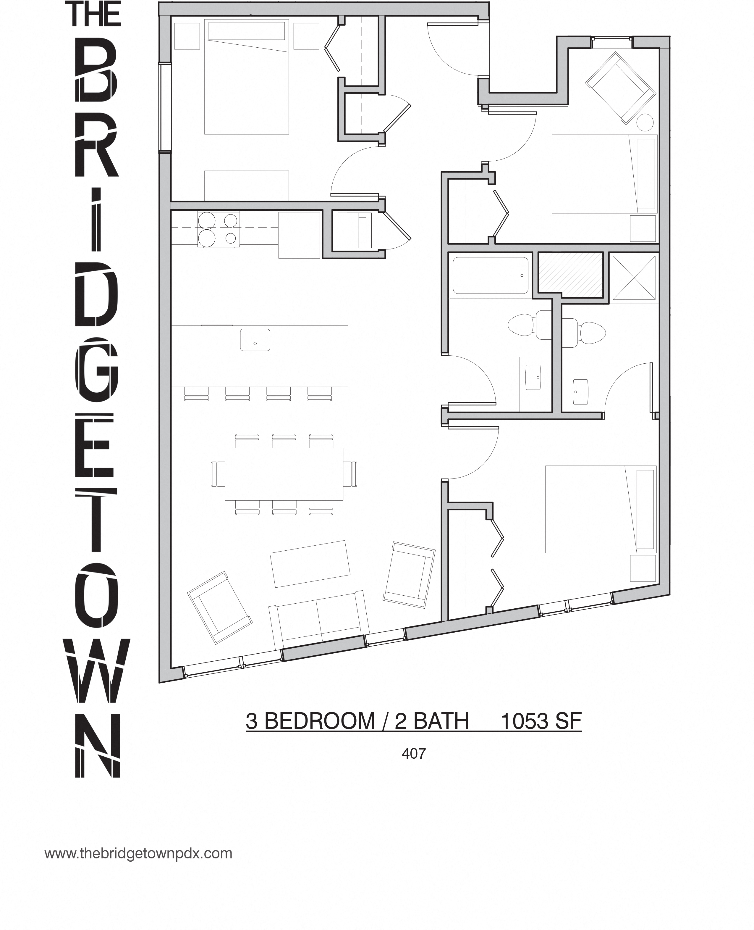 Floor plan for 3 beds, 2 baths, 1053 sqft